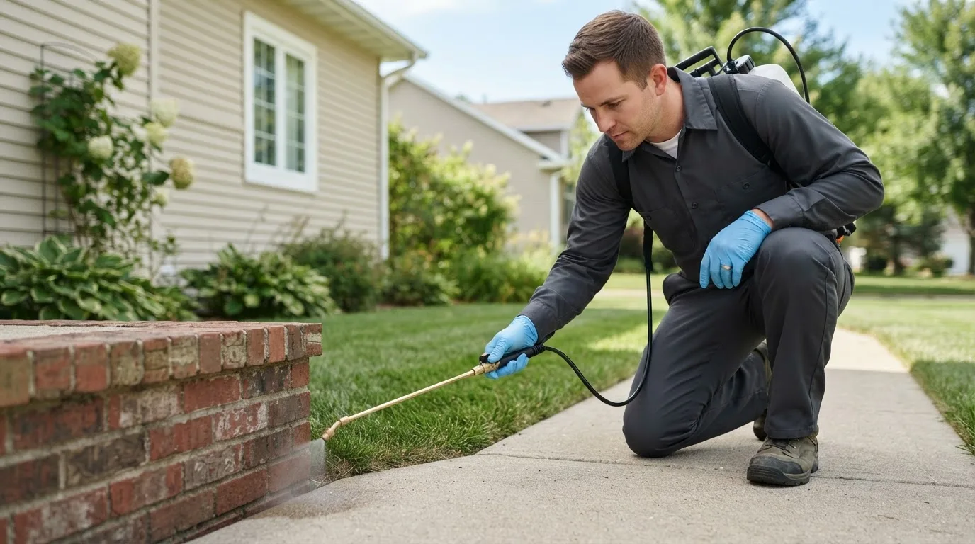 Pest control technician treating a home near Leesville, OH