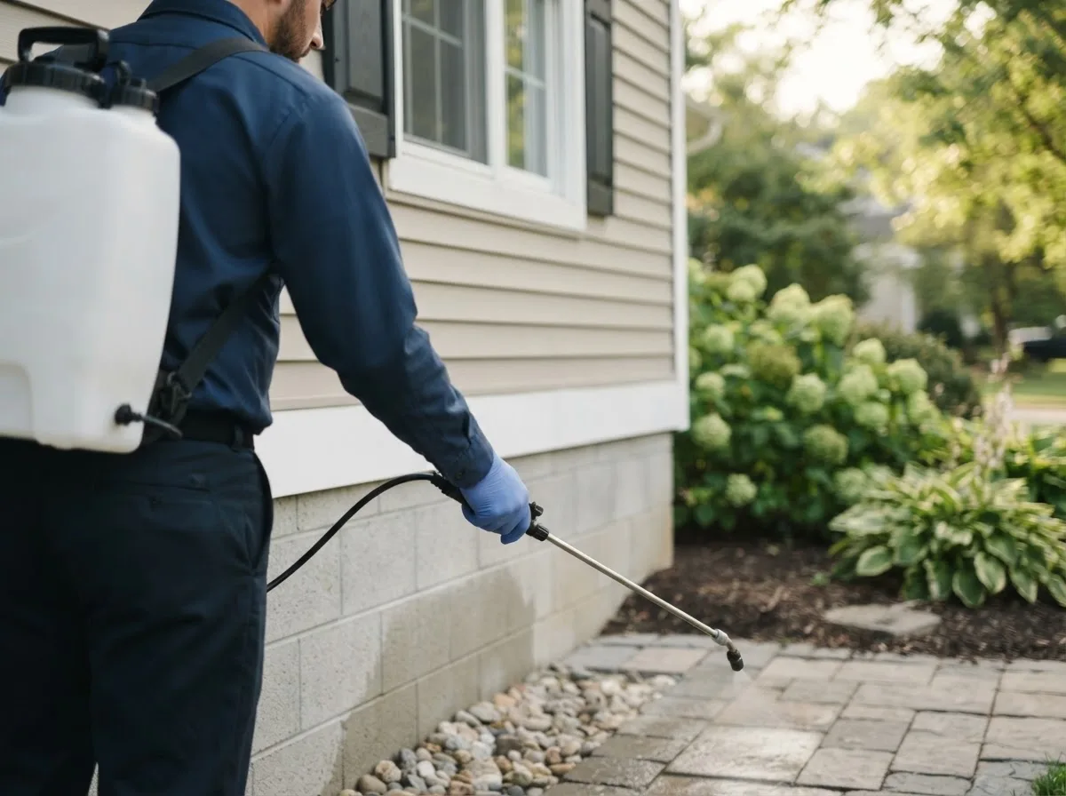 Pest control technician inspecting a home in Leesville, OH